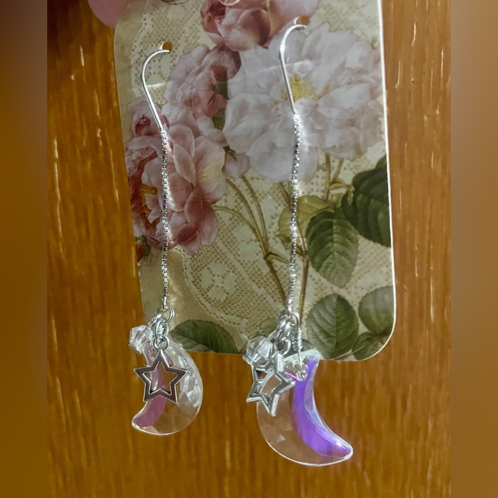 2 for $10. Elegant Silver and Clear Prism Moon Star Earrings